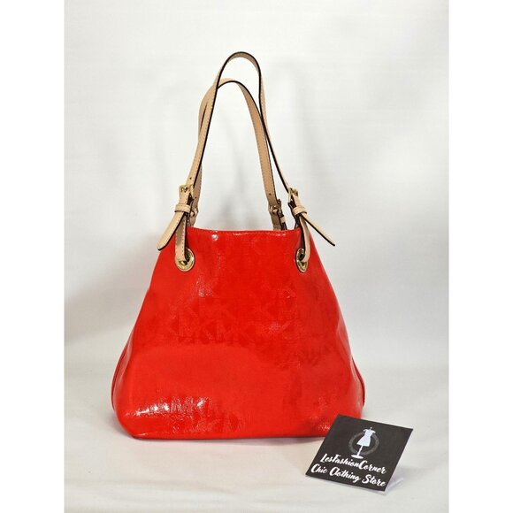 Michael Kors Women's Red Leather Jet Set Mirror Metallic Patent Tote Large 1794 - Picture 14 of 16